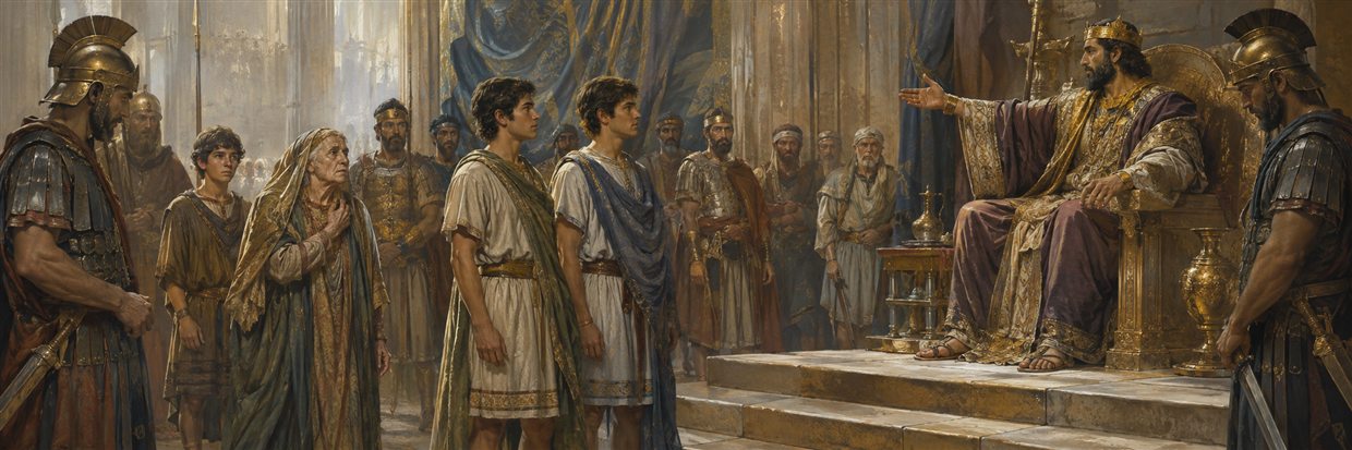 Two young brothers voluntarily approach Antiochus's tribunal as their family watches and guards hesitate